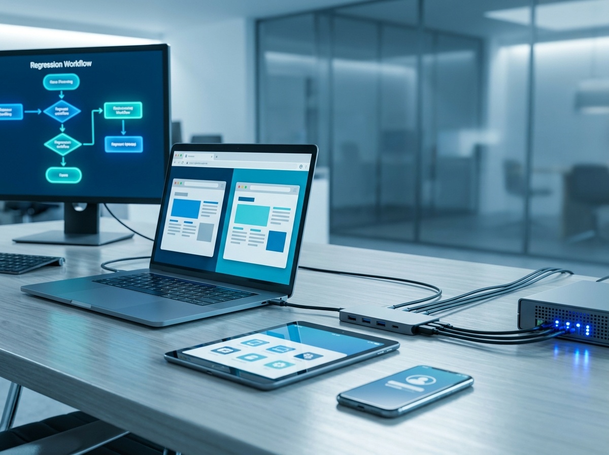 A modern office desk with a laptop, tablet, and smartphone connected to a hub and a server, displaying data visualization and workflow diagrams on screens.. Use